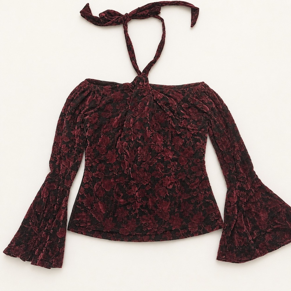 Junior Top Size L Cropped Off Shoulder Burgundy Velvet Whimsigoth Goth Romantic